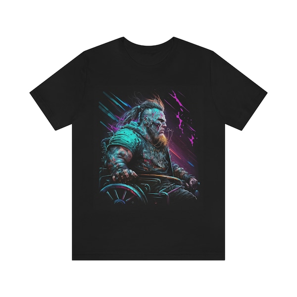 Cyberpunk Disabled Wheelchair Viking Man Tshirt, Futuristic Sci-Fi T-shirt, Cyber Punk Shirt, Black Unisex Graphic Tee, Anime Buff Shirt