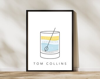 Tom Collins Line Art / Menu Cocktail alla moda Stampa / Bar Cart Wall Art Decor / Digital Printable Art / Tom Collins Bar Print