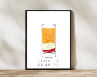 Tequila Sunrise Line Art / Menu Cocktail alla moda Stampa / Bar Cart Wall Art Decor / Digital Printable Art / Tequila Sunrise Bar Print