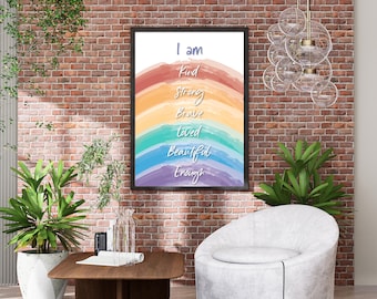 Decorazione da parete arcobaleno colorato: citazione ispiratrice "Sono coraggioso, forte e amato" Arte stampabile Download istantaneo, citazione ispiratrice per la casa