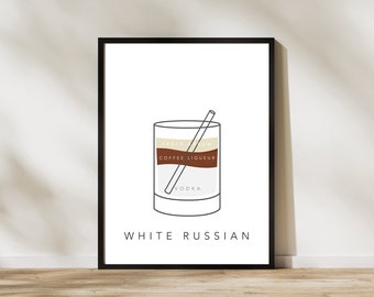 White Russian Line Art / Stampa menu cocktail alla moda / Bar Cart Wall Art Decor / Arte stampabile digitale scaricabile / White Russian Art