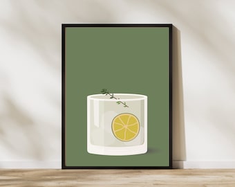 Stampa di cocktail Gin and Tonic / Arte minimalista per carrello bar (download digitale)
