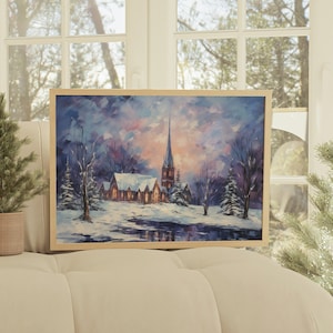 cozy winter painting winter landscape snowy landscape painting holiday decor christmas decor winter decor church painting digital download