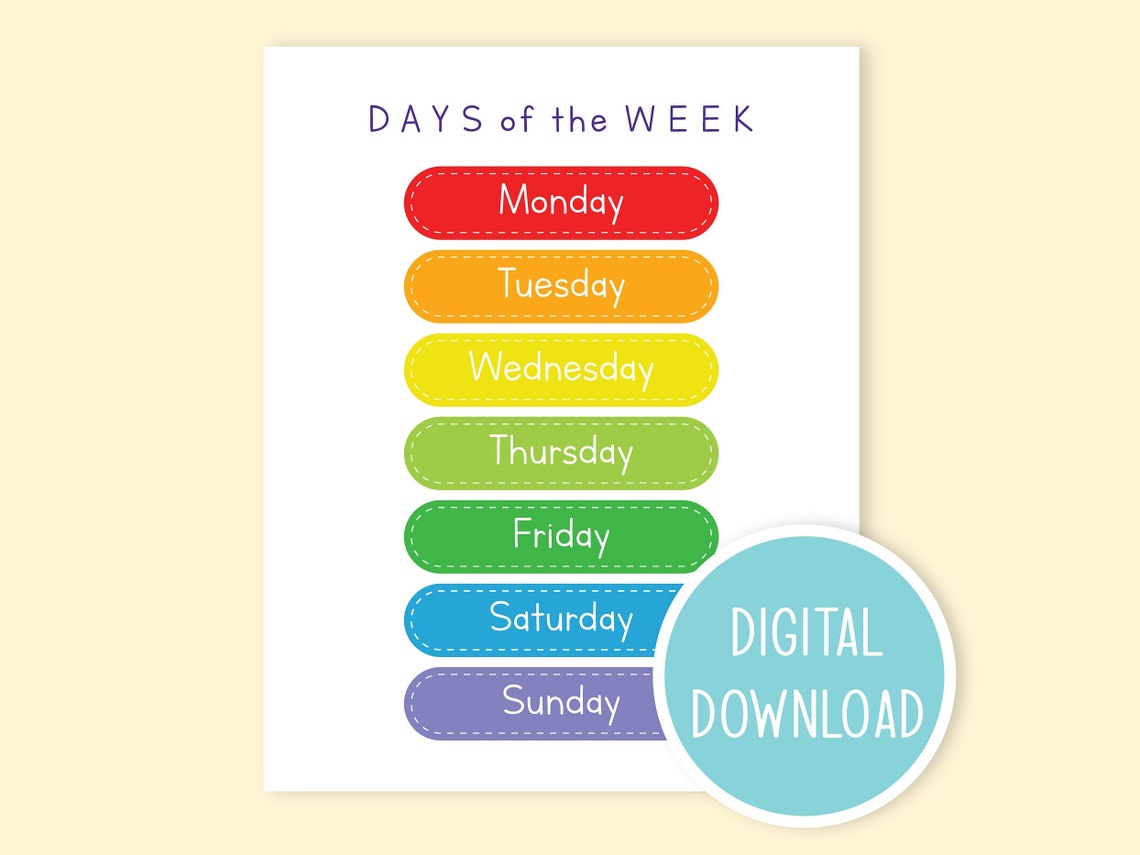 Days of the Week Chart | Days Chart | Digital Download | Learning Days ...