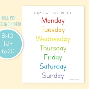 Days of the Week Chart | Days Chart | Digital Download | Learning Days ...