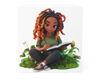 May include: A cartoon illustration of a person with orange, yellow and green dreadlocks sitting on a patch of green grass, writing in a black notebook with a pencil.