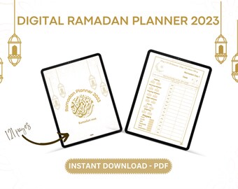 Könnte beinhalten: Ein digitaler Ramadan-Planer für 2023 mit 121 Seiten. Das Cover zeigt ein goldenes Design mit arabischer Kalligraphie und dem Text "Ramadan Planner 2023". Der Planer ist als PDF zum sofortigen Download verfügbar.