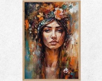 Abstract Boho Woman Oil Painting / High Quality / Wall Decor / Instant Download / Home Decor / Female Portrait / Printable Wall Art