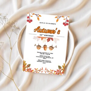 Invitación de cumpleaños con hojas de otoño y bellotas / Invitación de cumpleaños de otoño / Plantilla editable / Descarga instantánea