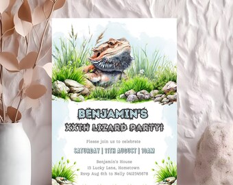 Bartagame Geburtstagseinladungsvorlage, Bartagame Partyeinladung, Reptileinladung, Eidechse & Insekten, editierbare Canva Vorlage, BR2
