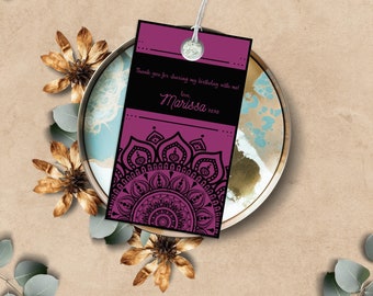 Burgundy & black thank you tag party favor gift tag, henna tattoo design, modern motif pattern tribal INSTANT DOWNLOAD editable template MRA