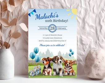 Invitación de cumpleaños para niños, invitación de perro azul, fiesta de cachorros, cumpleaños de perro, lets pawty, invitación a fiesta imprimible, mascotas, plantilla canva editable, D02