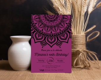 Purple women's birthday invitation template, black henna invitation, henna party invitation, dholki invitation, editable canva template, MRA