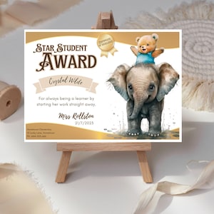 Student award template, student certificate, end of year classroom awards, school certificate, elephant, bear, editable Canva template, C89