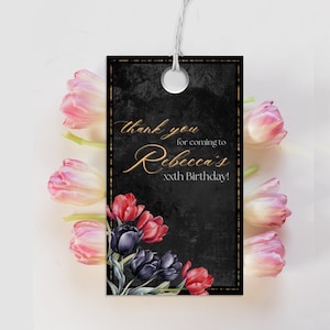 Etiqueta de agradecimiento con diseño floral de melancolía, etiqueta de regalo negra gótica, recuerdo de fiesta con tulipanes, tarjeta de agradecimiento de cumpleaños imprimible, caligrafía, plantilla editable, MDF2