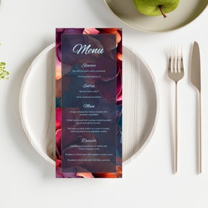 Menu template, moody floral, a la carte menu card, wedding menu card, dark botanical, table decor, printable, editable Canva template, DPF1