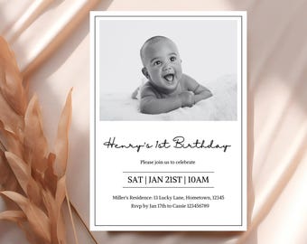 Boy's 1st birthday photo invitation, minimalist 1st birthday invite, black and white first birthday invitation, one, INSTANT DOWNLOAD, SP6