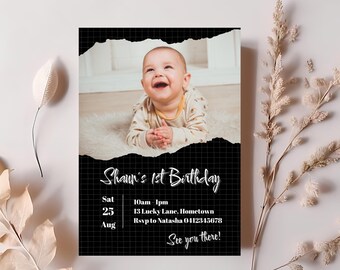 Editable 1st birthday photo invitation, minimal 1st birthday invite template, black first birthday invitation, one, INSTANT DOWNLOAD, SP6