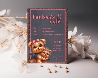 Yorkshire terrier birthday invite, girls dog invite, puppy party invite, dog birthday, printable invitation, pink, grey, edit template, K93