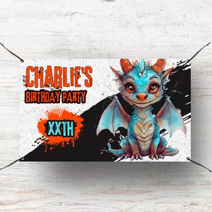 May include: A blue and orange birthday banner with a cartoon dragon and the text "Charlie's Birthday Party" and "XXth".