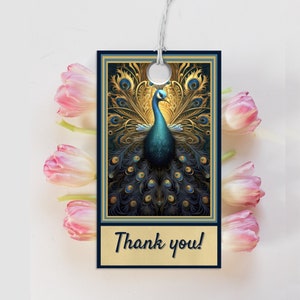Etiqueta de agradecimiento de pavo real, favor de fiesta de cumpleaños de pavo real, etiqueta de regalo retro, tarjeta de agradecimiento de cumpleaños imprimible, oro, verde azulado, plantilla Canva editable PEC