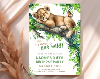May include: A green and white birthday invitation with a cartoon illustration of a lion cub sleeping on a branch. The text reads "SSHH! It's about to get wild! Please join us to celebrate Naomi's XXth Birthday Party Sat | Oct 21 | 3PM 13 Lucky Lane, Hometown RSVP by Oct 17 to Sukki 0412345678"