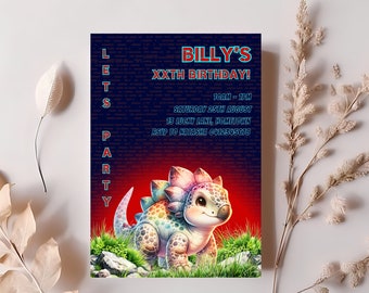 Stegosaurus birthday invite, boys dinosaur invitation, blue and red party invite, dinosaur birthday, sunset, editable Canva template, BD2
