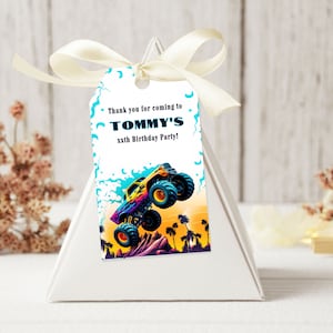 Etiqueta de agradecimiento de camión monstruo, Favor de fiesta de cumpleaños de camión monstruo, Etiqueta de regalo de camión, Tarjeta de agradecimiento de cumpleaños imprimible, Plantilla de Canva editable MT9
