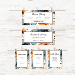 Cartes de table à suspendre florales, cartes de numéros de table suspendues, fleurs bleues et orange, modèle de carte de table, modèle Canva modifiable, DPF1