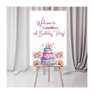 Puede incluir: ¡Bienvenido a la fiesta de cumpleaños número xx de Camilla! Un cartel blanco con texto rosa y confeti de colores. Un pastel rosa y azul con velas y caramelos está en el centro del cartel.