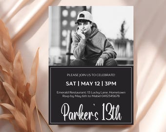 13th birthday photo invitation, boys 13th photo invite, girls teen photo invite, black & white photo invite, thirteenth digital invite, AD1