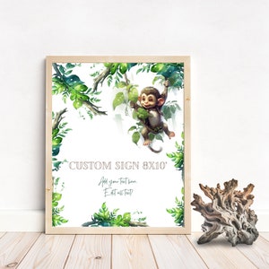 Custom party sign, monkey birthday sign,  jungle baby shower poster, INSTANT DOWNLOAD, rainforest greenery, editable Canva template, MM5