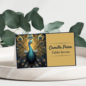 Peacock place card, table name tent card, peacock party name card, peacock table decor, food tent card, printable place card, editable, PEC