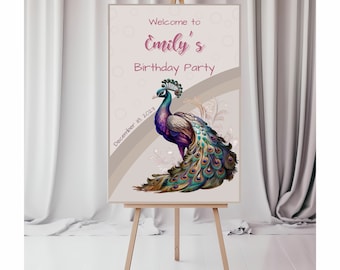Peacock welcome sign for girl/woman&#39;s birthday, INSTANT DOWNLOAD, custom party sign for front door, purple blue peacock, Canva template, EMI