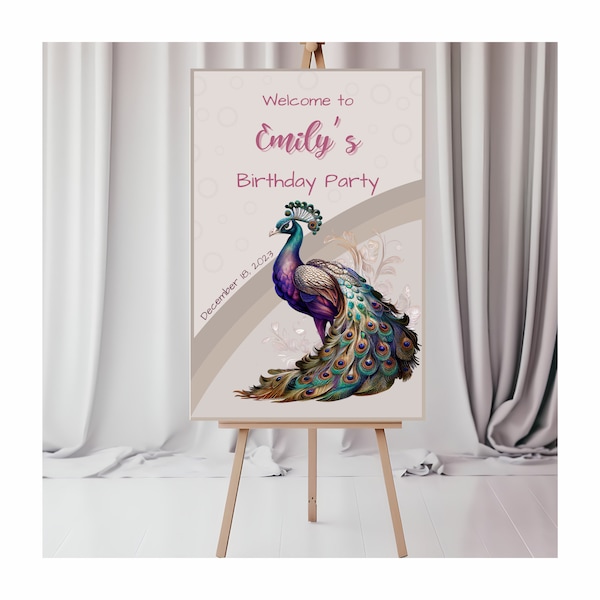 Peacock welcome sign for girl/woman's birthday, INSTANT DOWNLOAD, custom party sign for front door, purple blue peacock, Canva template, EMI