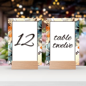 Numeri da tavolo blu e arancioni, targa floreale per matrimonio, arredamento da tavolo primaverile stampabile, cartello per sedersi, fiori, modello modificabile, DPF1