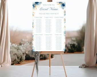 Printable Seating chart, wedding seat plan, find your seat sign, custom sign, floral, navy & gold, modern, editable Canva template, INK