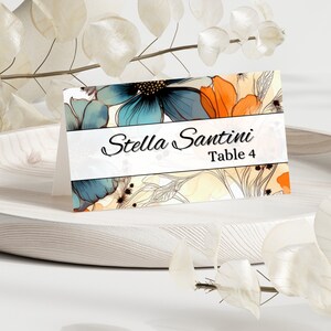 Segnaposto floreale, arancione e blu navy, fiori primaverili, segnaposto per tavolo di nozze, modello per biglietto da visita, decorazione da tavolo, modificabile in Canva DPF1