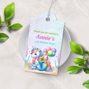 Favor de fiesta de sirena, Favor de fiesta de unicornio, Etiqueta de agradecimiento de chicas bajo el mar, Tarjeta de agradecimiento de cumpleaños arcoíris, Etiqueta de regalo editable, Plantilla, UM8