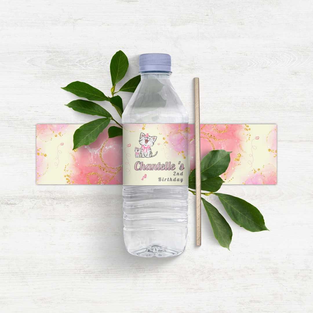 Kitten &amp; Cat Water Bottle Label, INSTANT DOWNLOAD Pink and Gold ...