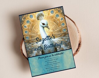 Peacock birthday invitation, peacock wedding invitation, peacock party invite, womens party invite, white peacock, editable template, PEC