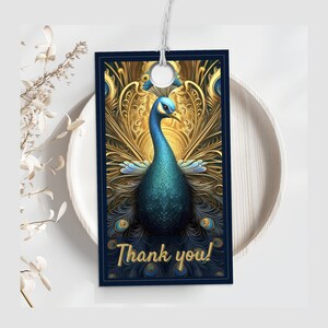 Etiqueta de agradecimiento de pavo real, etiqueta de regalo retro, favor de fiesta de cumpleaños de pavo real, tarjeta de agradecimiento de cumpleaños imprimible, oro, verde azulado, plantilla Canva editable PEC