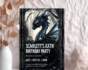 May include: A birthday party invitation with a black dragon illustration and blue highlights. The invitation reads "SCARLETT'S XXTH BIRTHDAY PARTY" with event details. The design has a fantasy theme, with a dark forest background.