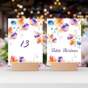 Plantilla de número de mesa de boda con flores silvestres, letrero de número de mesa floral, número de mesa de evento, tarjetas de plano de asientos, números de mesa de boda, F49