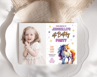 Pastel unicorn party photo invitation template, unicorn birthday photo invite, colorful pastel photo invite, girl's pastel star invite, PU8
