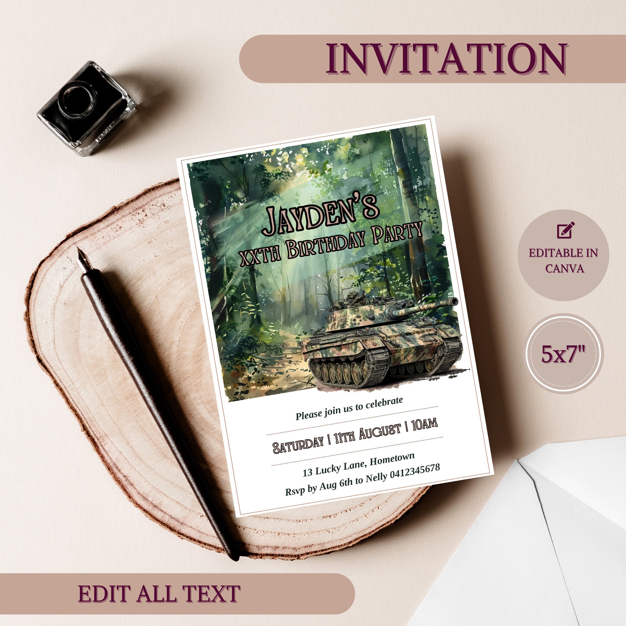 Tank Birthday Invitation Template, Military Birthday Invite, Army Tank ...