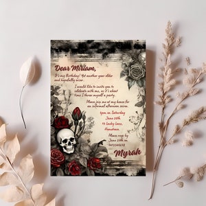 Invitación gótica para mujeres, carta de invitación, invitación a diario basura, calavera y rosas, negro y rojo, floral cambiante, plantilla Canva editable, JJL2