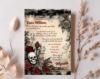 Women's Gothic invitation, letter invite, junk journal invitation, skull & roses, black and red, moody floral, editable Canva template, JJL2