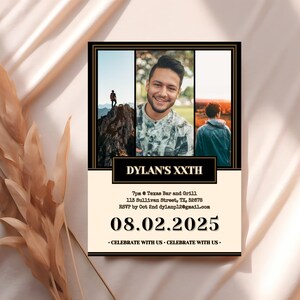 Pode incluir: Um convite preto e dourado com uma colagem de fotos de um homem. O convite diz "DYLAN'S XXTH", "7pm @ Texas Bar and Grill", "115 Sullivan Street, TX, 52678", "RSVP by Oct 2nd dylanp12@gmail.com", "08.02.2025", e "• CELEBRATE WITH US • CELEBRATE WITH US."