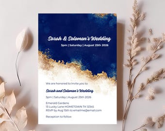 Navy and Gold Wedding Invitation Template | Luxury Wedding Invitation | Modern Elegant Wedding Invite | Printable | Instant Download | WG7